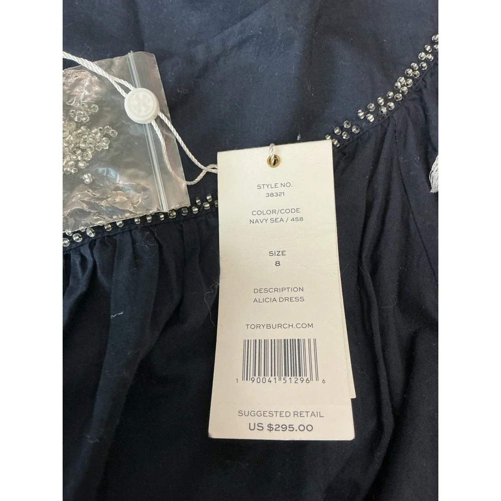 Tory Burch Alicia Dress Navy Sea Embroidered Cotton Mini Tassel Belt 8 NEW 38321